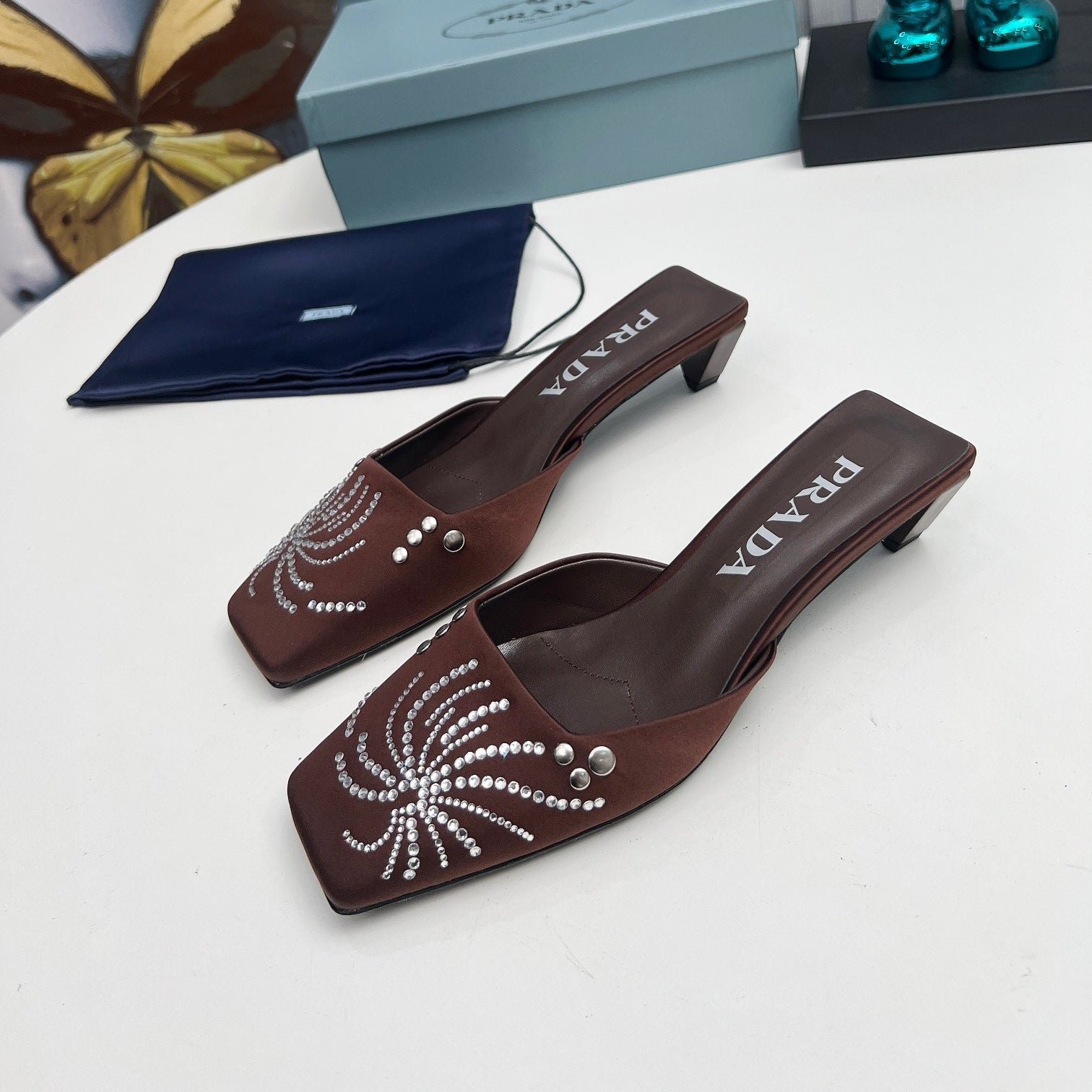 PRADA 26S MULE 40MM IN DARK BROWN SATIN CRYSTAL EMBELLISHED