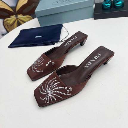 PRADA 26S MULE 40MM IN DARK BROWN SATIN CRYSTAL EMBELLISHED