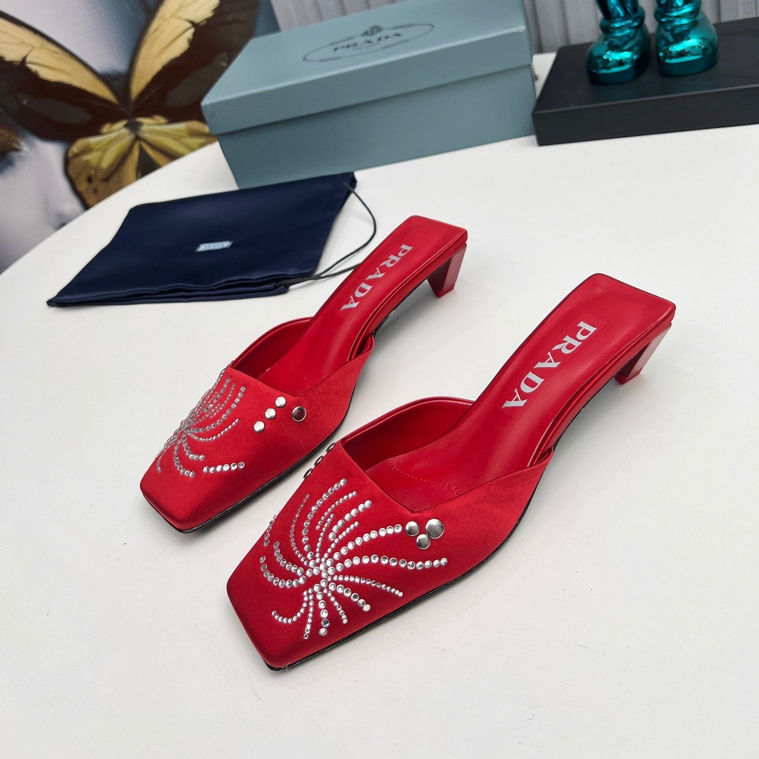PRADA 26S MULE 40MM IN DARK RED SATIN CRYSTAL EMBELLISHED