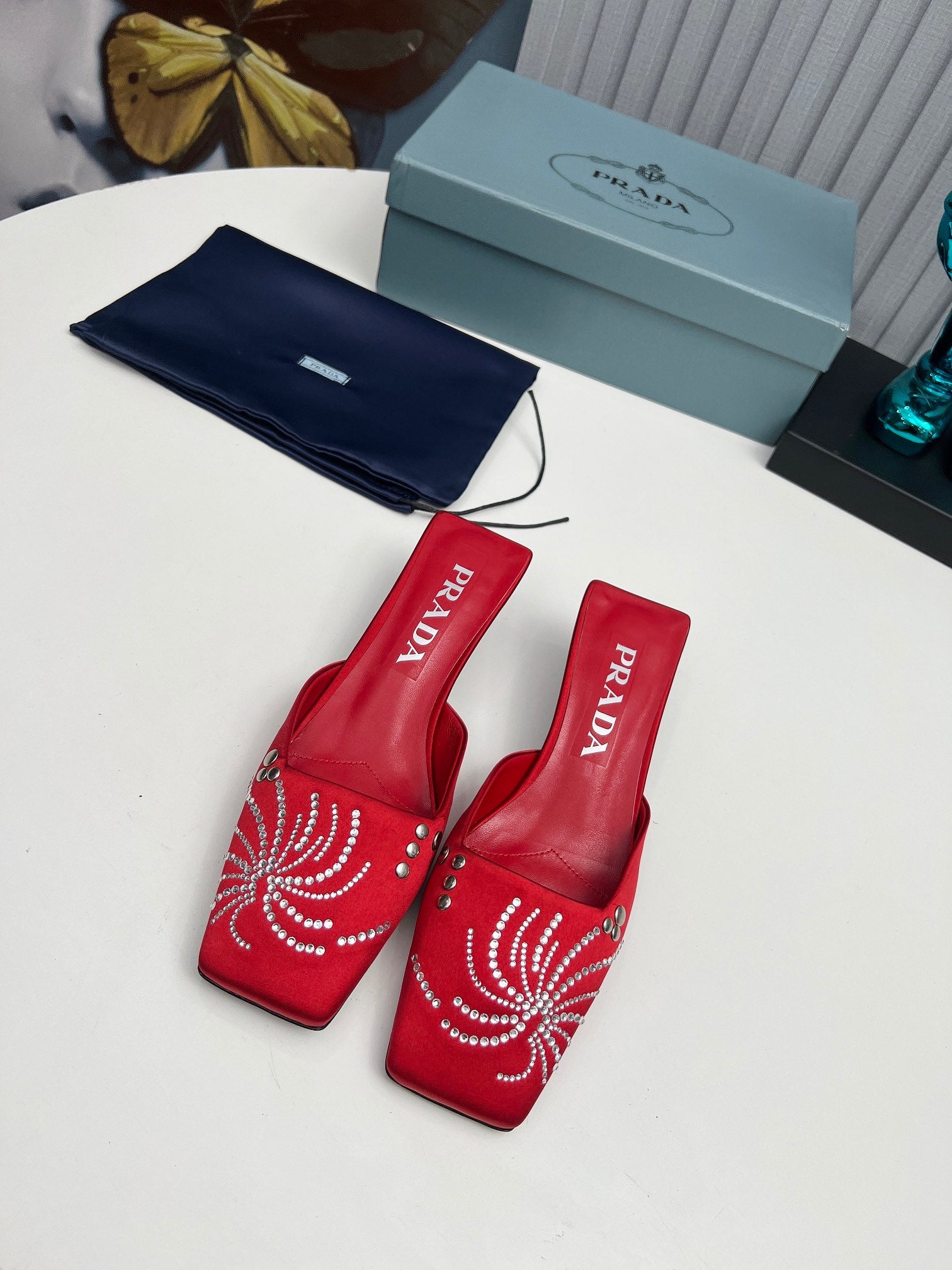 PRADA 26S MULE 40MM IN DARK RED SATIN CRYSTAL EMBELLISHED