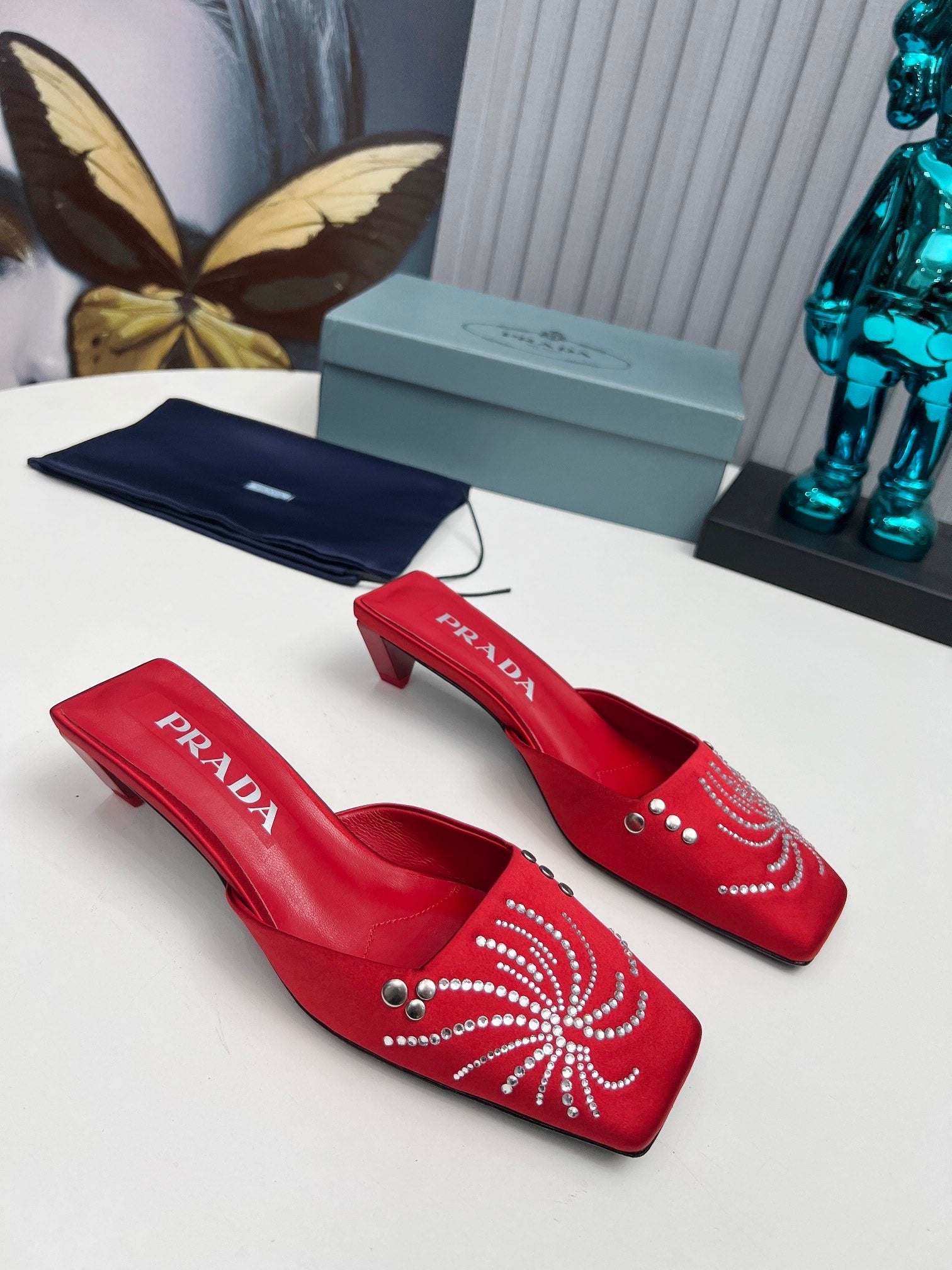 PRADA 26S MULE 40MM IN DARK RED SATIN CRYSTAL EMBELLISHED