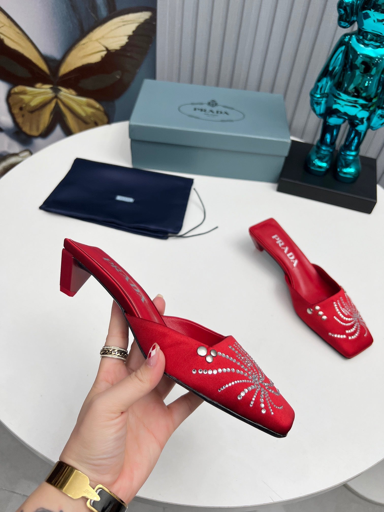 PRADA 26S MULE 40MM IN DARK RED SATIN CRYSTAL EMBELLISHED