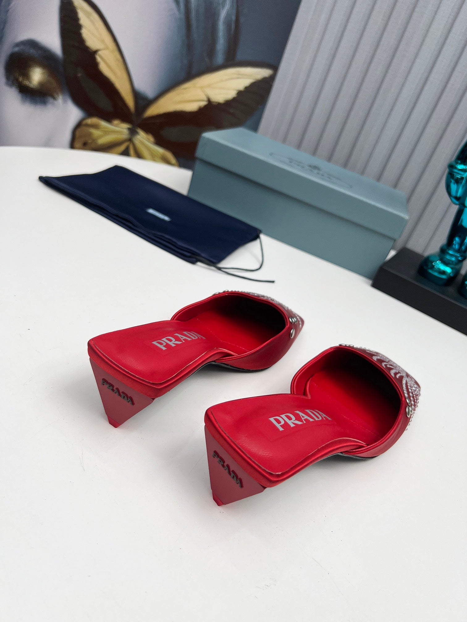 PRADA 26S MULE 40MM IN DARK RED SATIN CRYSTAL EMBELLISHED