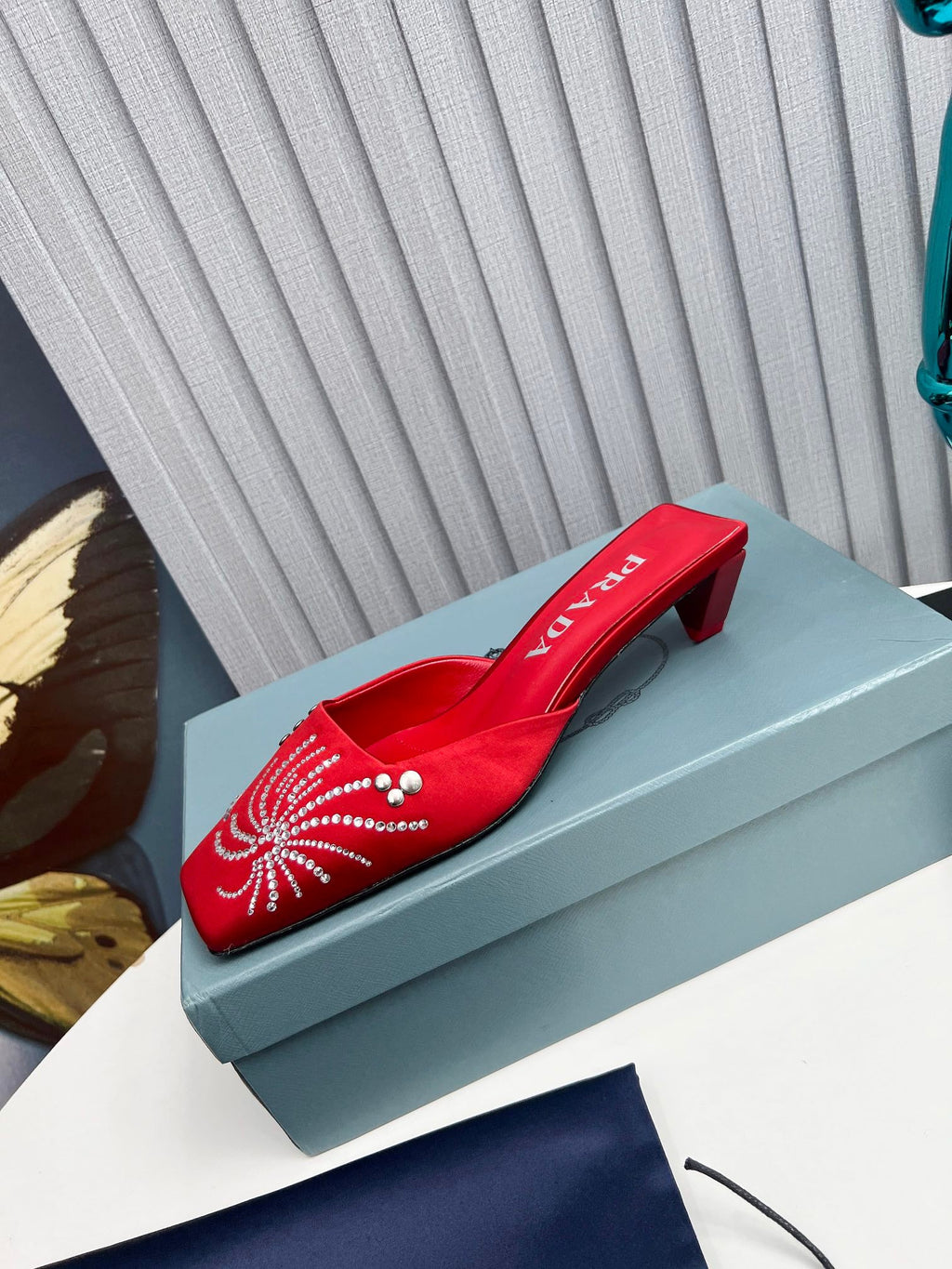 PRADA 26S MULE 40MM IN DARK RED SATIN CRYSTAL EMBELLISHED