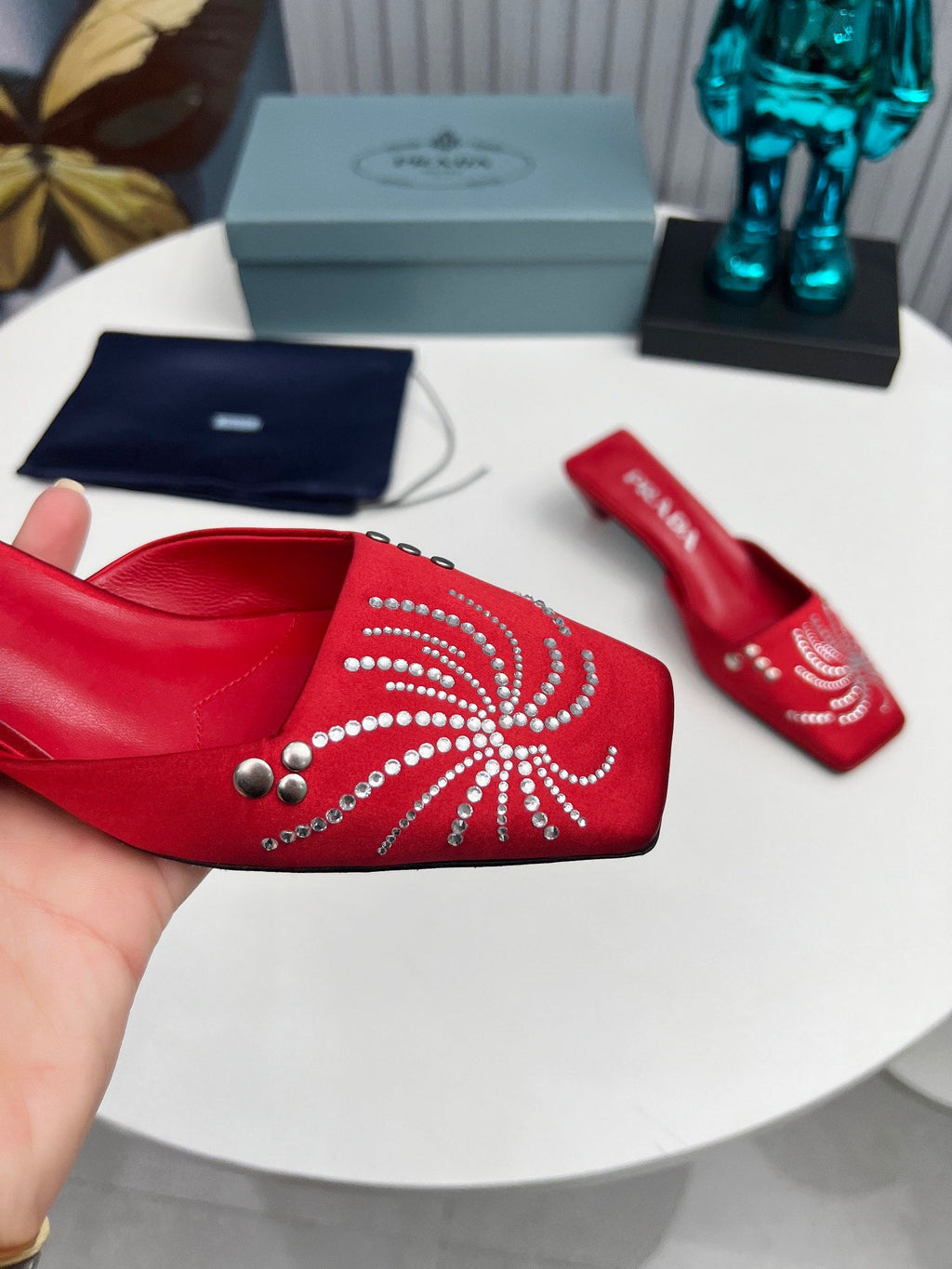 PRADA 26S MULE 40MM IN DARK RED SATIN CRYSTAL EMBELLISHED
