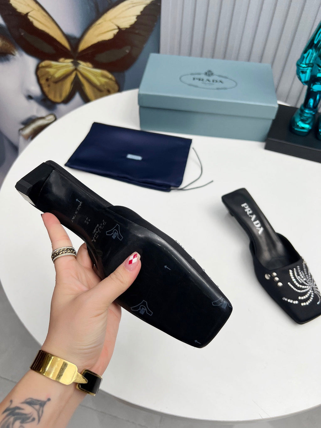 PRADA 26S MULE 40MM IN BLACK SATIN CRYSTAL EMBELLISHED