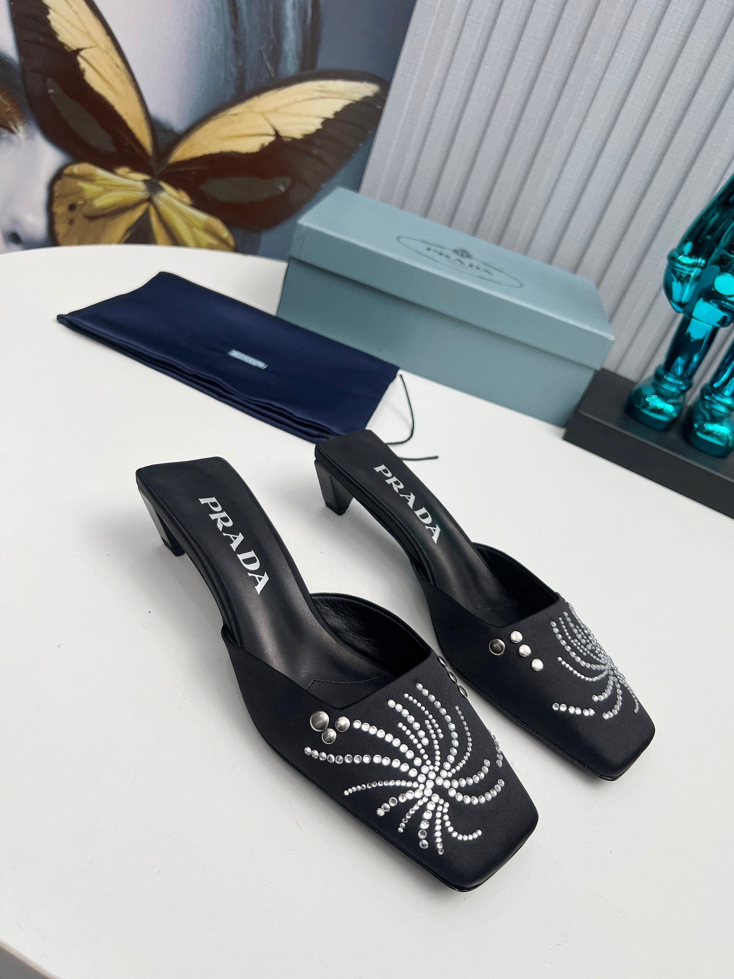 PRADA 26S MULE 40MM IN BLACK SATIN CRYSTAL EMBELLISHED