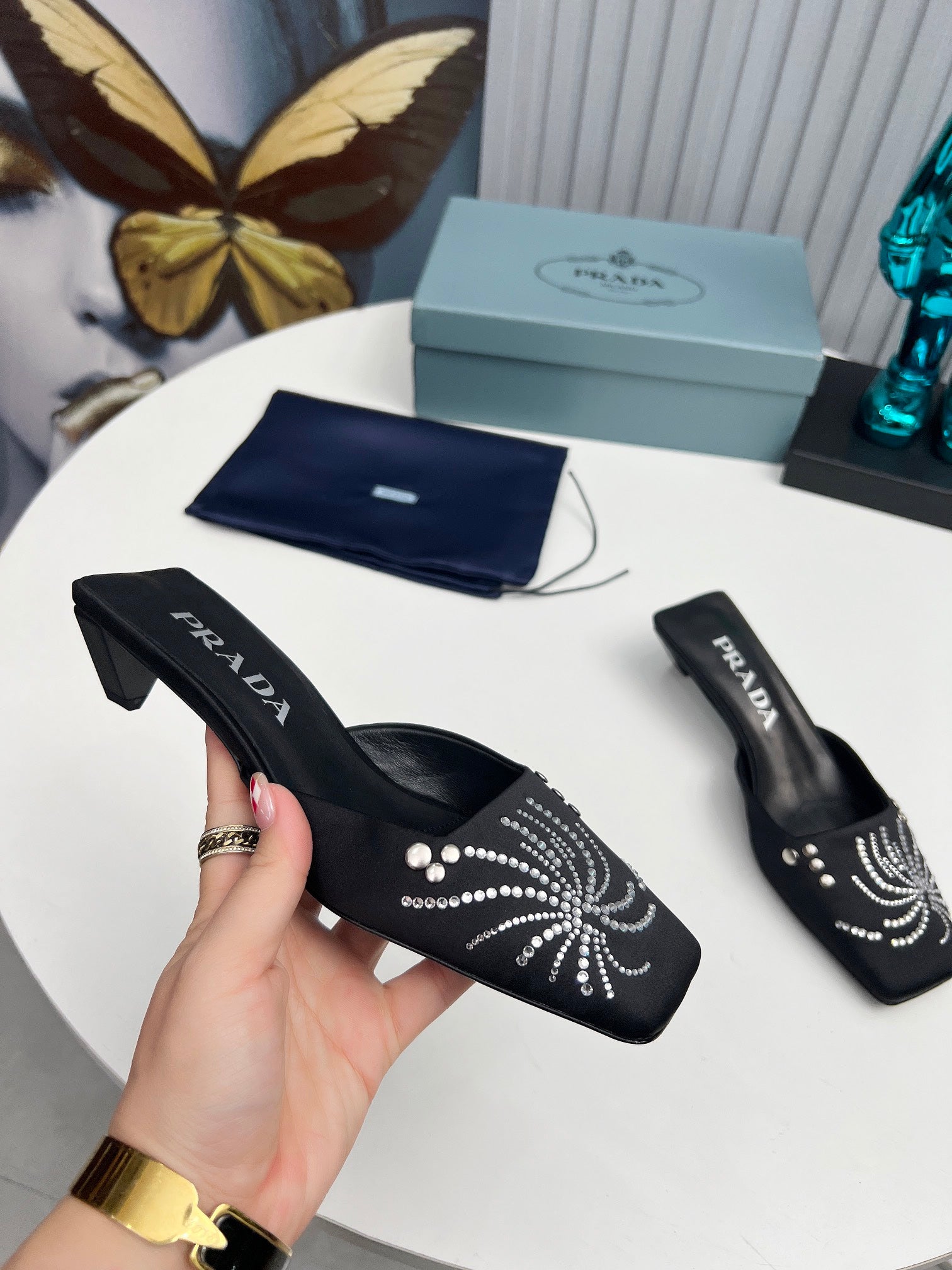 PRADA 26S MULE 40MM IN BLACK SATIN CRYSTAL EMBELLISHED