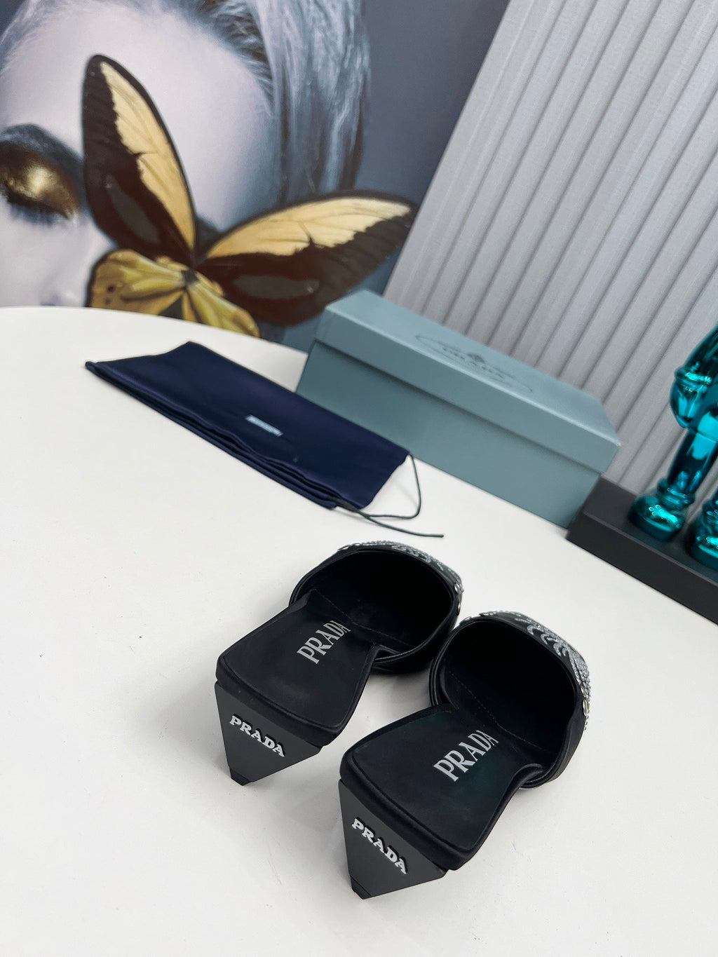 PRADA 26S MULE 40MM IN BLACK SATIN CRYSTAL EMBELLISHED