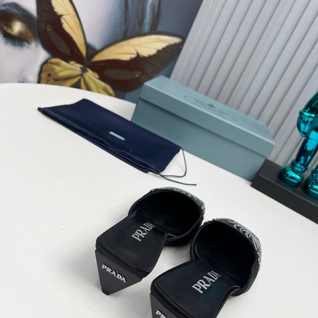 PRADA 26S MULE 40MM IN BLACK SATIN CRYSTAL EMBELLISHED