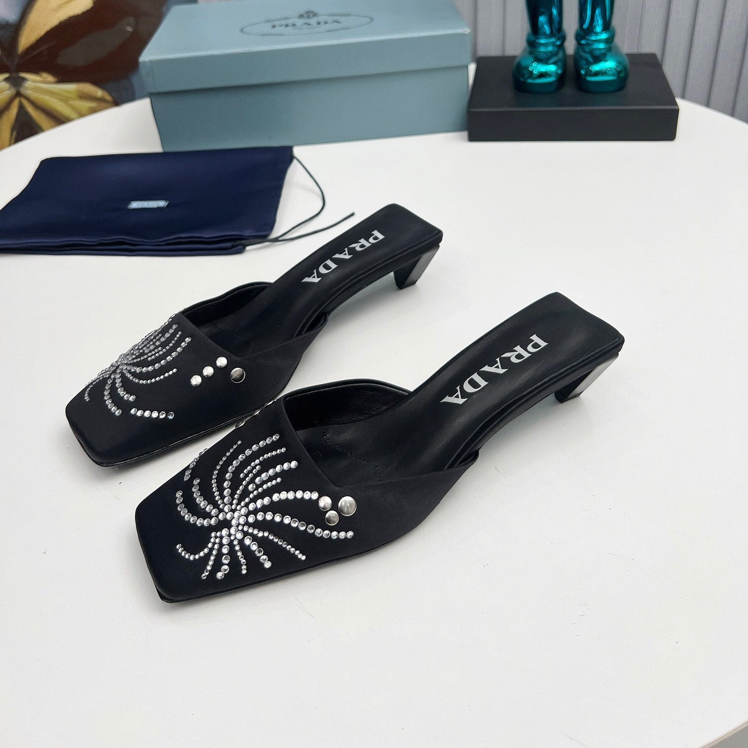 PRADA 26S MULE 40MM IN BLACK SATIN CRYSTAL EMBELLISHED