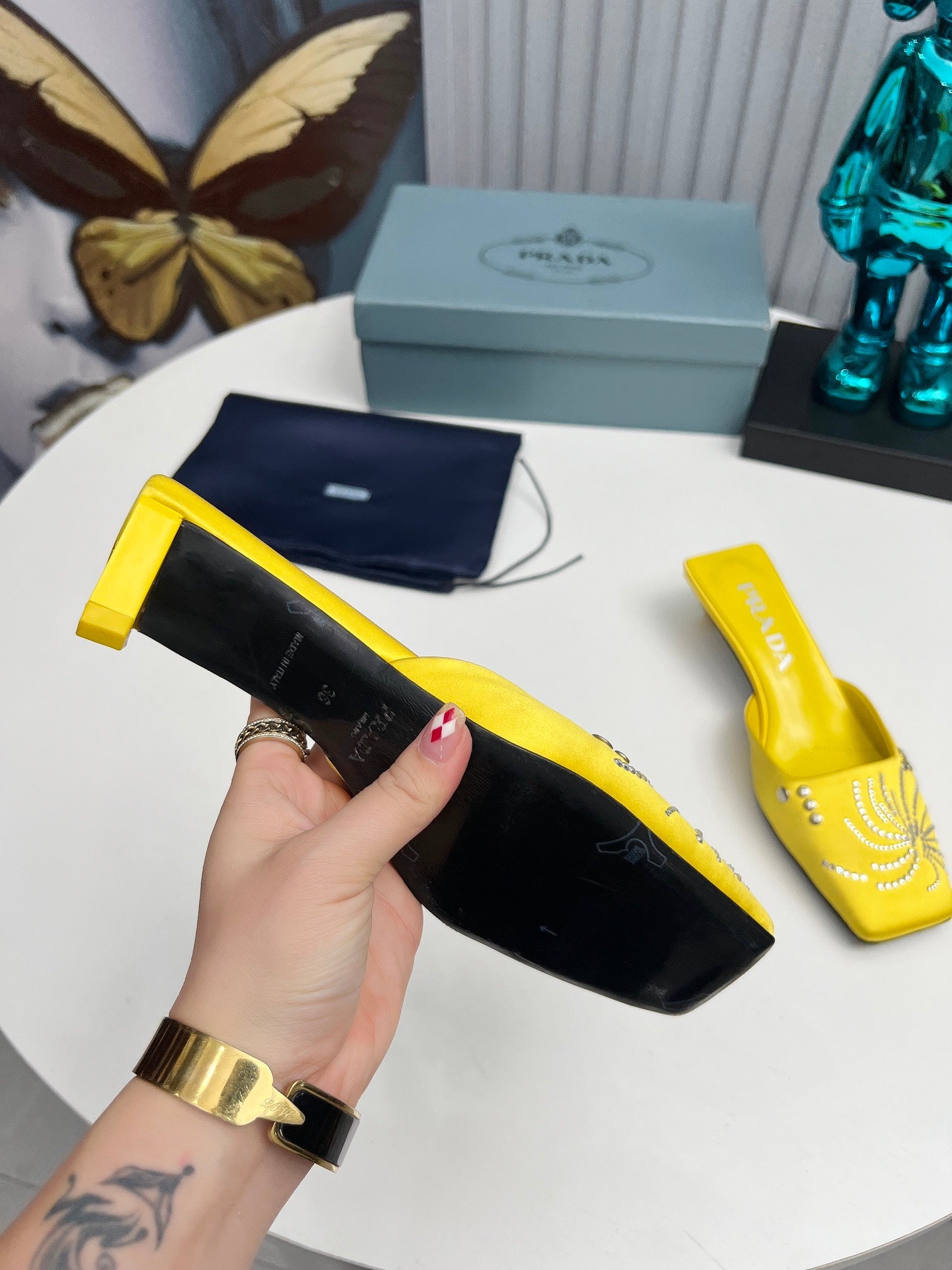 PRADA 26S MULE 40MM IN YELLOW SATIN CRYSTAL EMBELLISHED