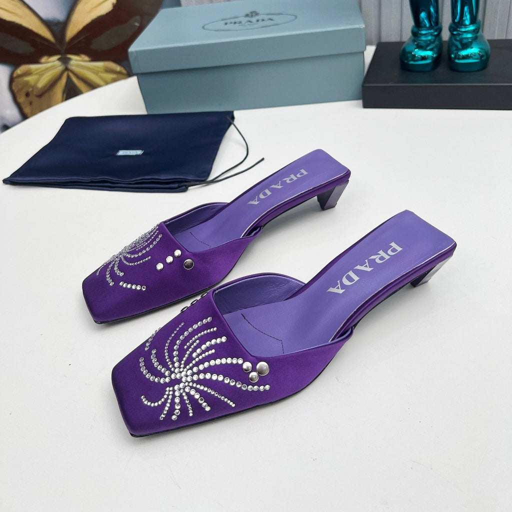 PRADA 26S MULE 40MM IN PURPLE SATIN CRYSTAL EMBELLISHED