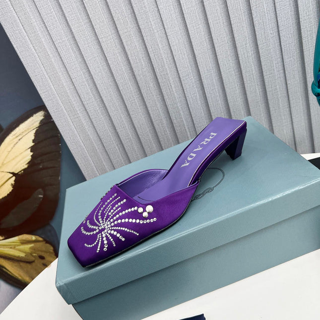 PRADA 26S MULE 40MM IN PURPLE SATIN CRYSTAL EMBELLISHED