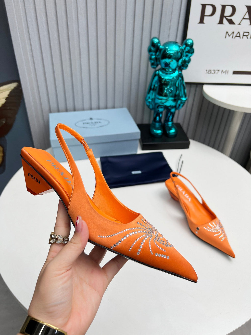 PRADA 26S POINTED TOE SLINGBACK 40MM IN ORANGE SATIN CRYSTAL EMBELLISHED