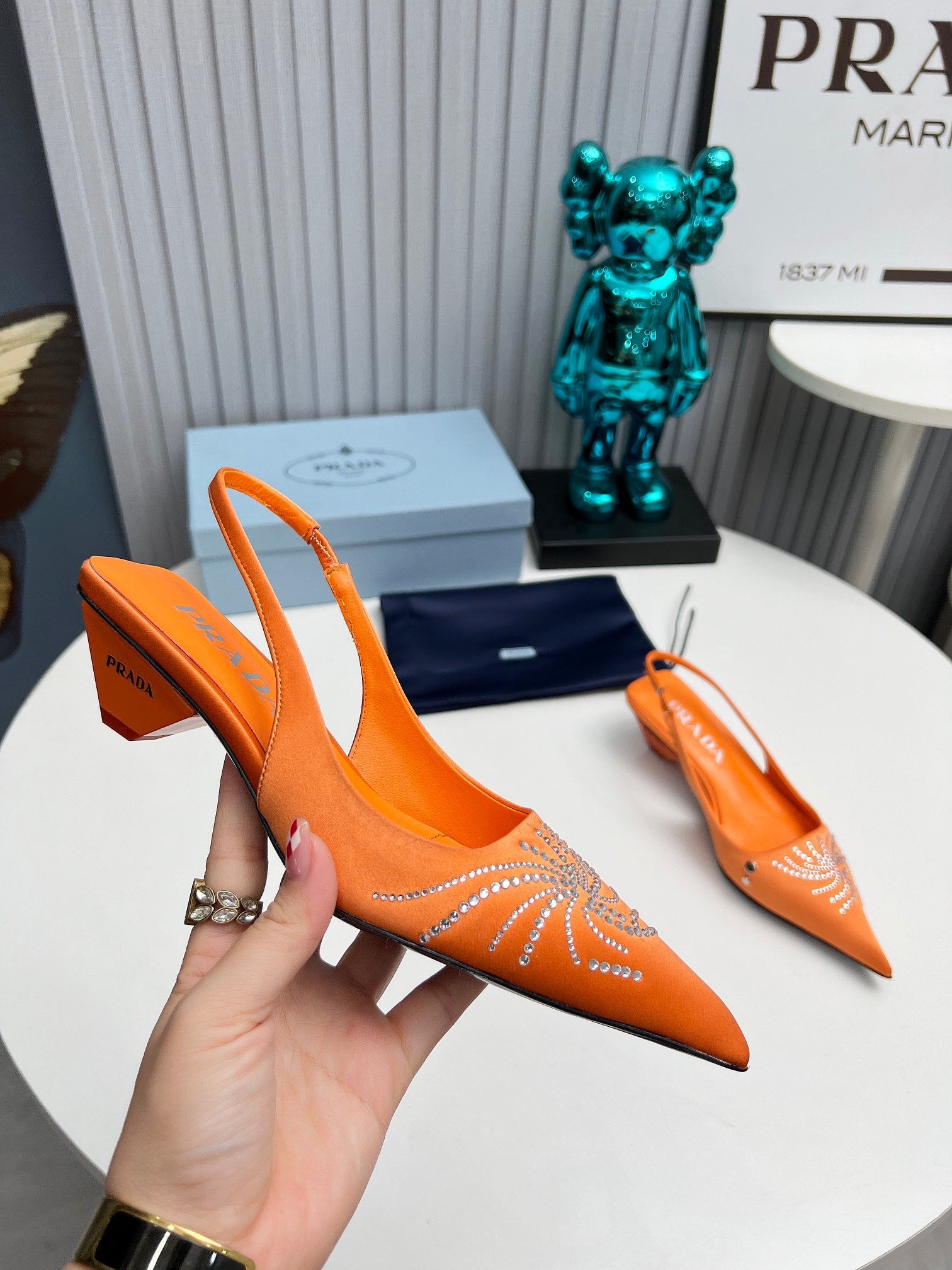 PRADA 26S POINTED TOE SLINGBACK 40MM IN ORANGE SATIN CRYSTAL EMBELLISHED