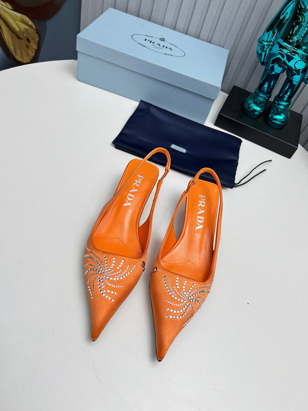 PRADA 26S POINTED TOE SLINGBACK 40MM IN ORANGE SATIN CRYSTAL EMBELLISHED