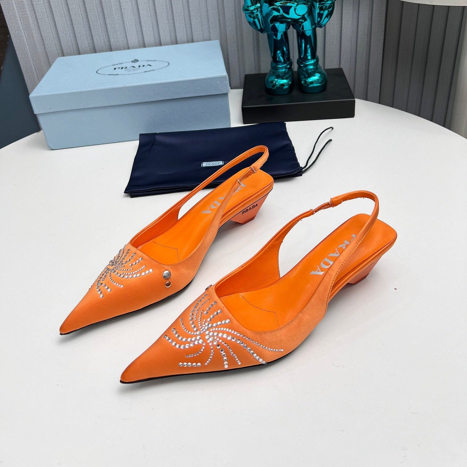 PRADA 26S POINTED TOE SLINGBACK 40MM IN ORANGE SATIN CRYSTAL EMBELLISHED