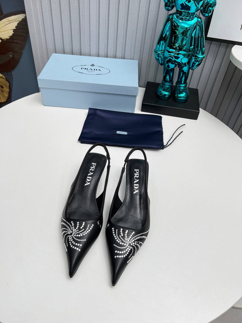 PRADA 26S POINTED TOE SLINGBACK 40MM IN BLACK CALFSKIN CRYSTAL EMBELLISHED