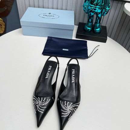 PRADA 26S POINTED TOE SLINGBACK 40MM IN BLACK CALFSKIN CRYSTAL EMBELLISHED