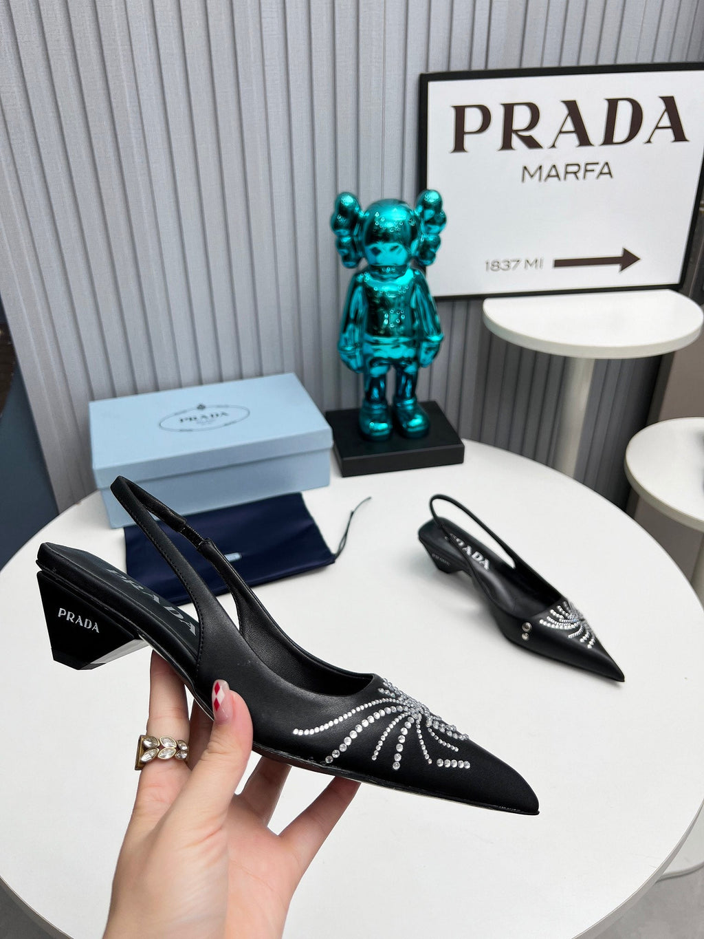 PRADA 26S POINTED TOE SLINGBACK 40MM IN BLACK CALFSKIN CRYSTAL EMBELLISHED