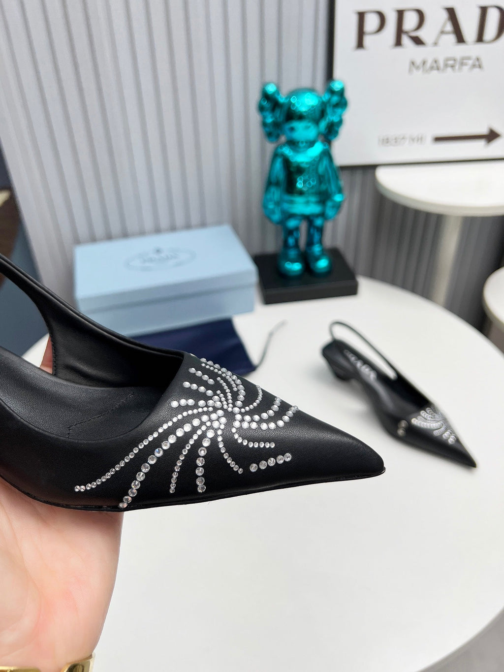 PRADA 26S POINTED TOE SLINGBACK 40MM IN BLACK CALFSKIN CRYSTAL EMBELLISHED