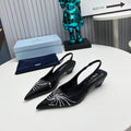 PRADA 26S POINTED TOE SLINGBACK 40MM IN BLACK CALFSKIN CRYSTAL EMBELLISHED