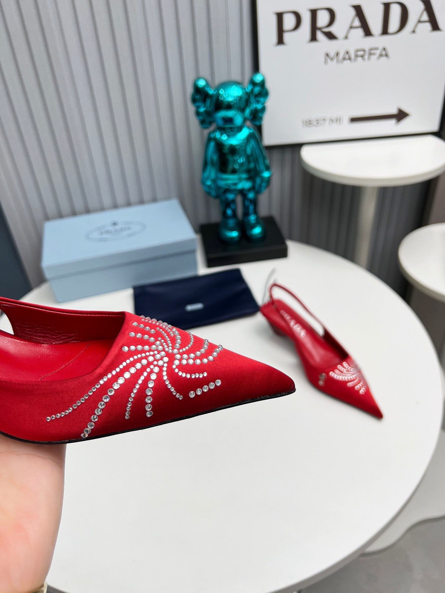 PRADA 26S POINTED TOE SLINGBACK 40MM IN DARK RED SATIN CRYSTAL EMBELLISHED