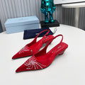 PRADA 26S POINTED TOE SLINGBACK 40MM IN DARK RED SATIN CRYSTAL EMBELLISHED