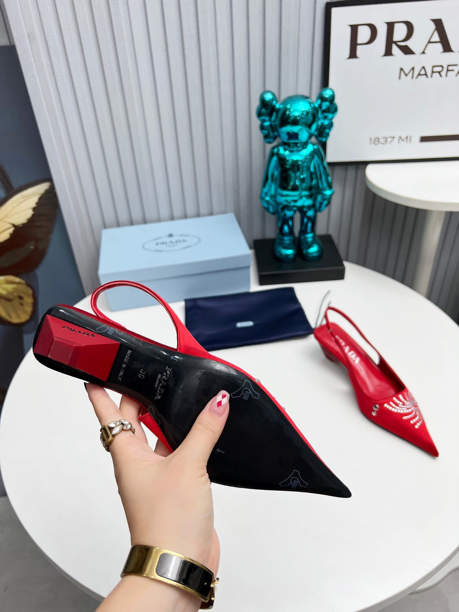 PRADA 26S POINTED TOE SLINGBACK 40MM IN DARK RED SATIN CRYSTAL EMBELLISHED