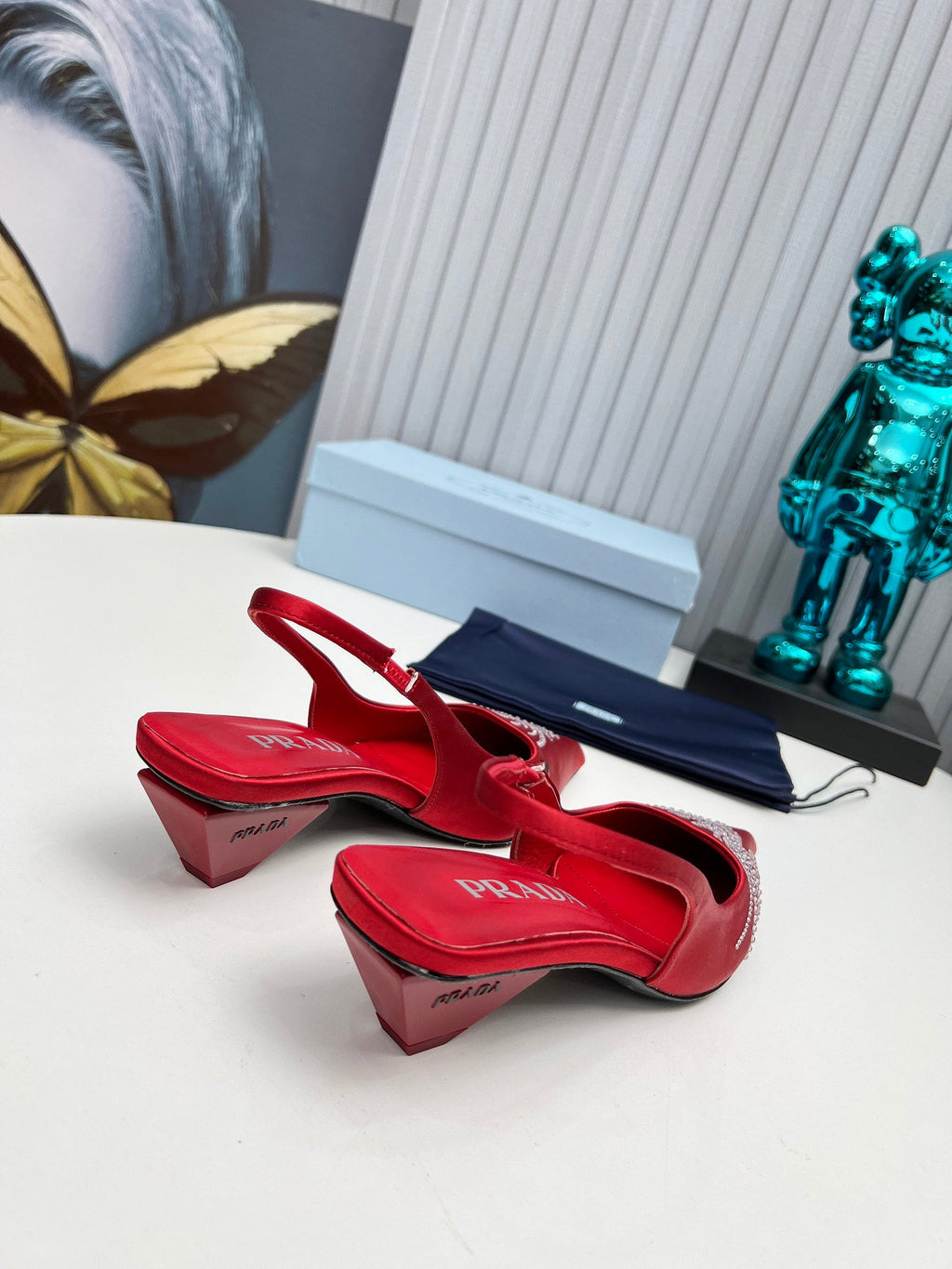 PRADA 26S POINTED TOE SLINGBACK 40MM IN DARK RED SATIN CRYSTAL EMBELLISHED