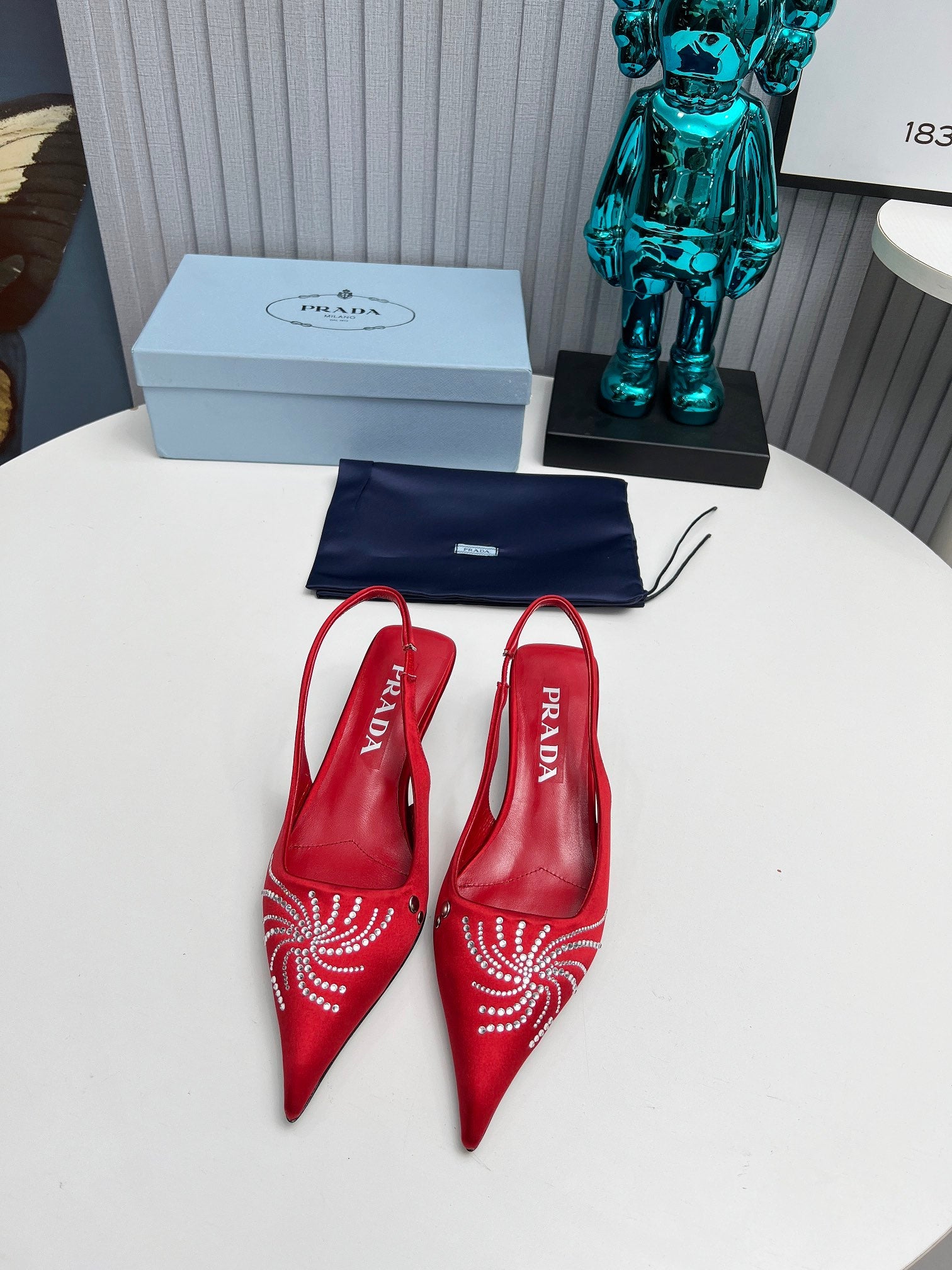PRADA 26S POINTED TOE SLINGBACK 40MM IN DARK RED SATIN CRYSTAL EMBELLISHED