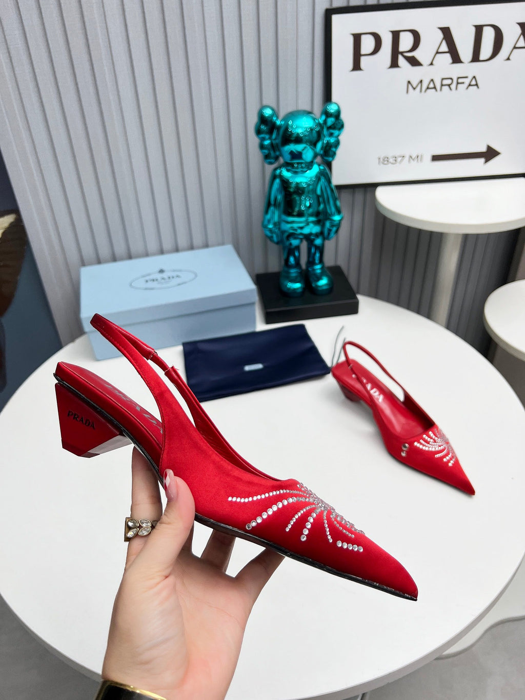 PRADA 26S POINTED TOE SLINGBACK 40MM IN DARK RED SATIN CRYSTAL EMBELLISHED