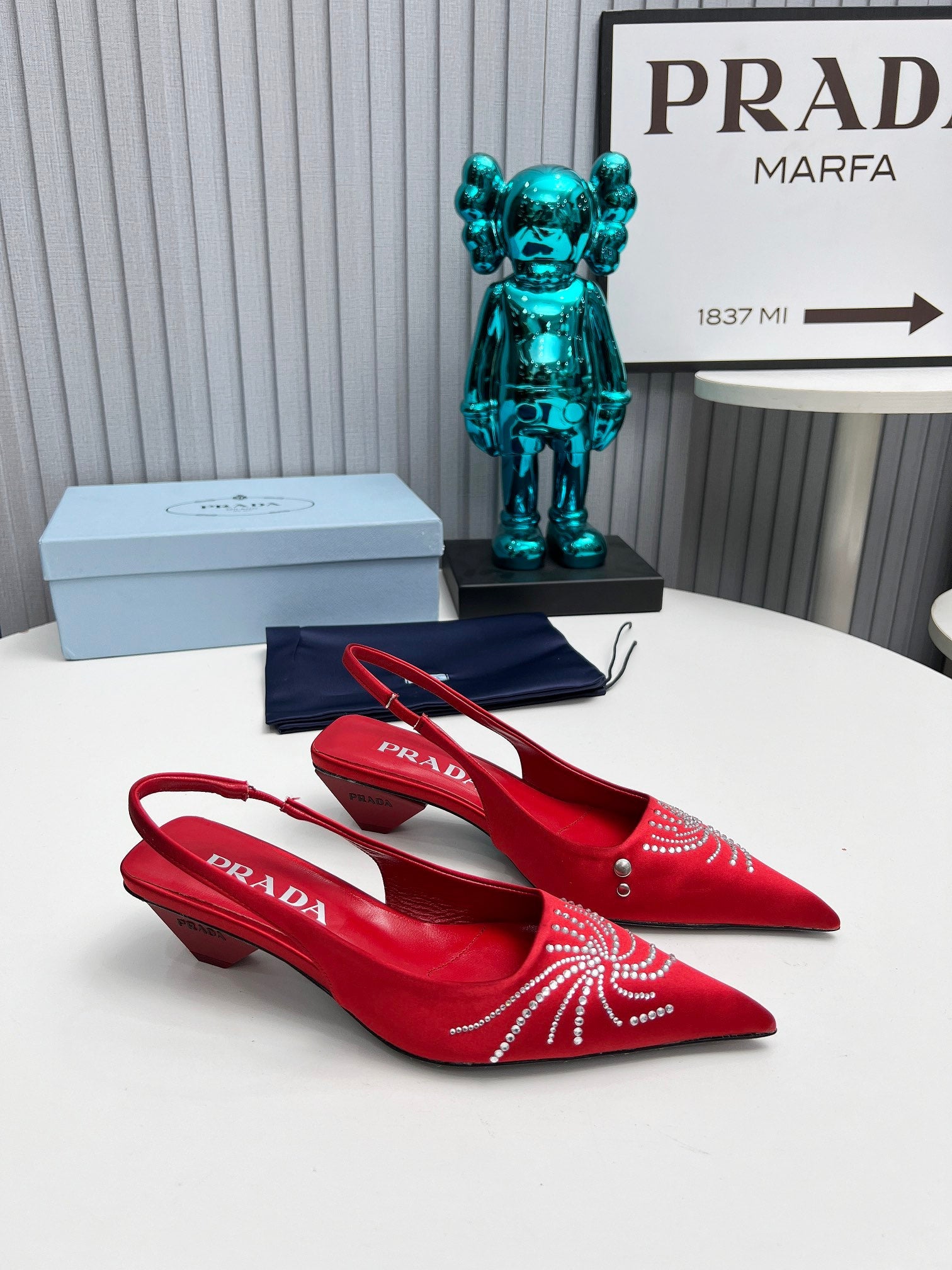 PRADA 26S POINTED TOE SLINGBACK 40MM IN DARK RED SATIN CRYSTAL EMBELLISHED
