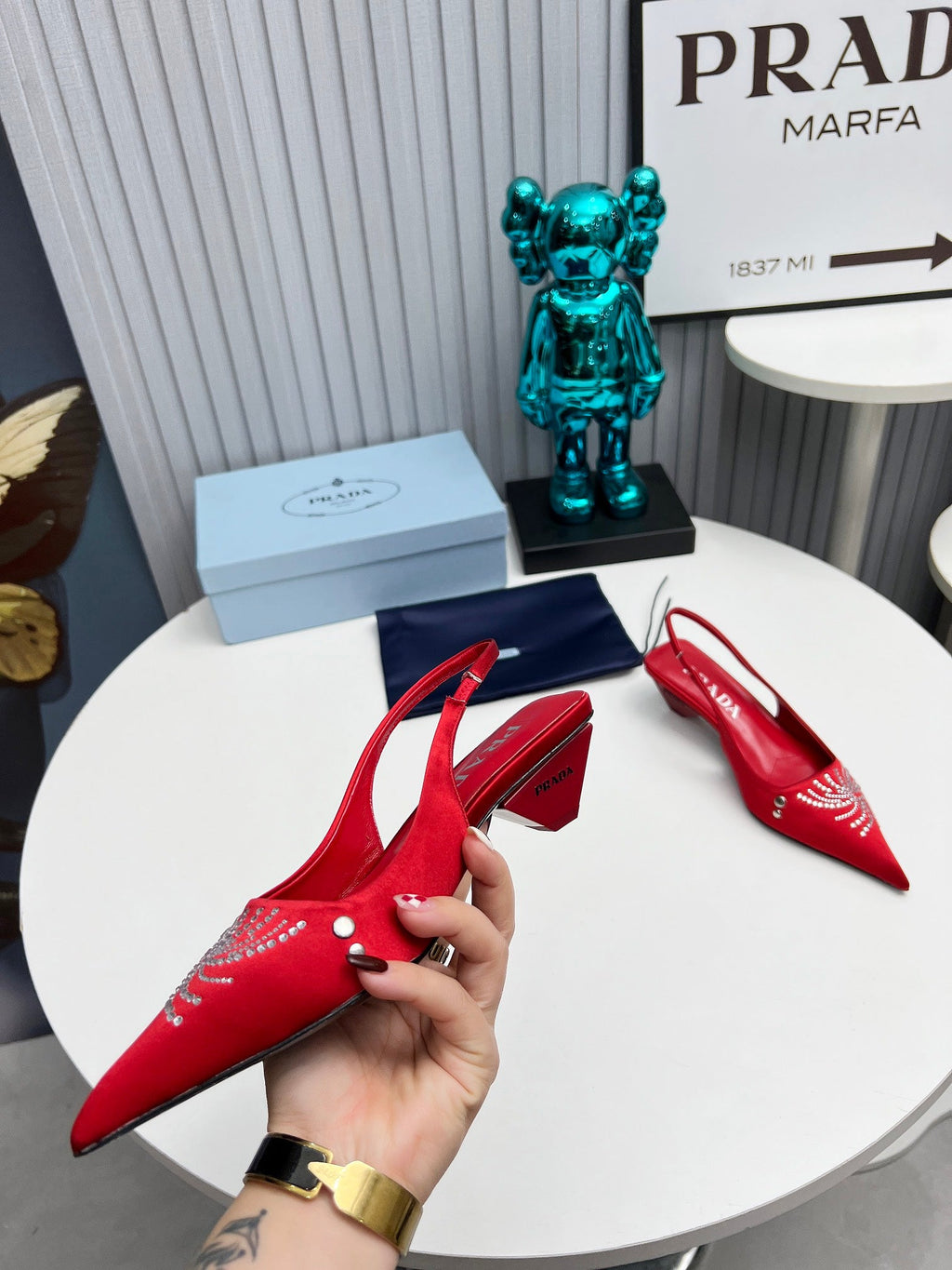 PRADA 26S POINTED TOE SLINGBACK 40MM IN DARK RED SATIN CRYSTAL EMBELLISHED