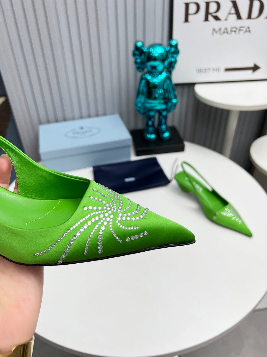 PRADA 26S POINTED TOE SLINGBACK 40MM IN APPLE GREEN SATIN CRYSTAL EMBELLISHED