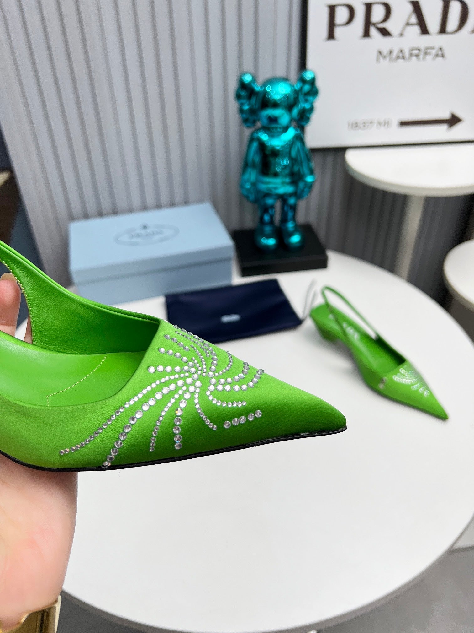 PRADA 26S POINTED TOE SLINGBACK 40MM IN APPLE GREEN SATIN CRYSTAL EMBELLISHED