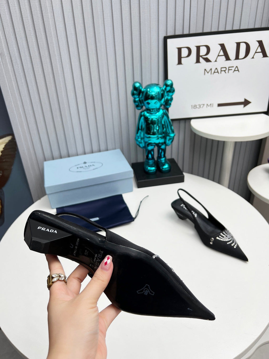 PRADA 26S POINTED TOE SLINGBACK 40MM IN BLACK SATIN CRYSTAL EMBELLISHED