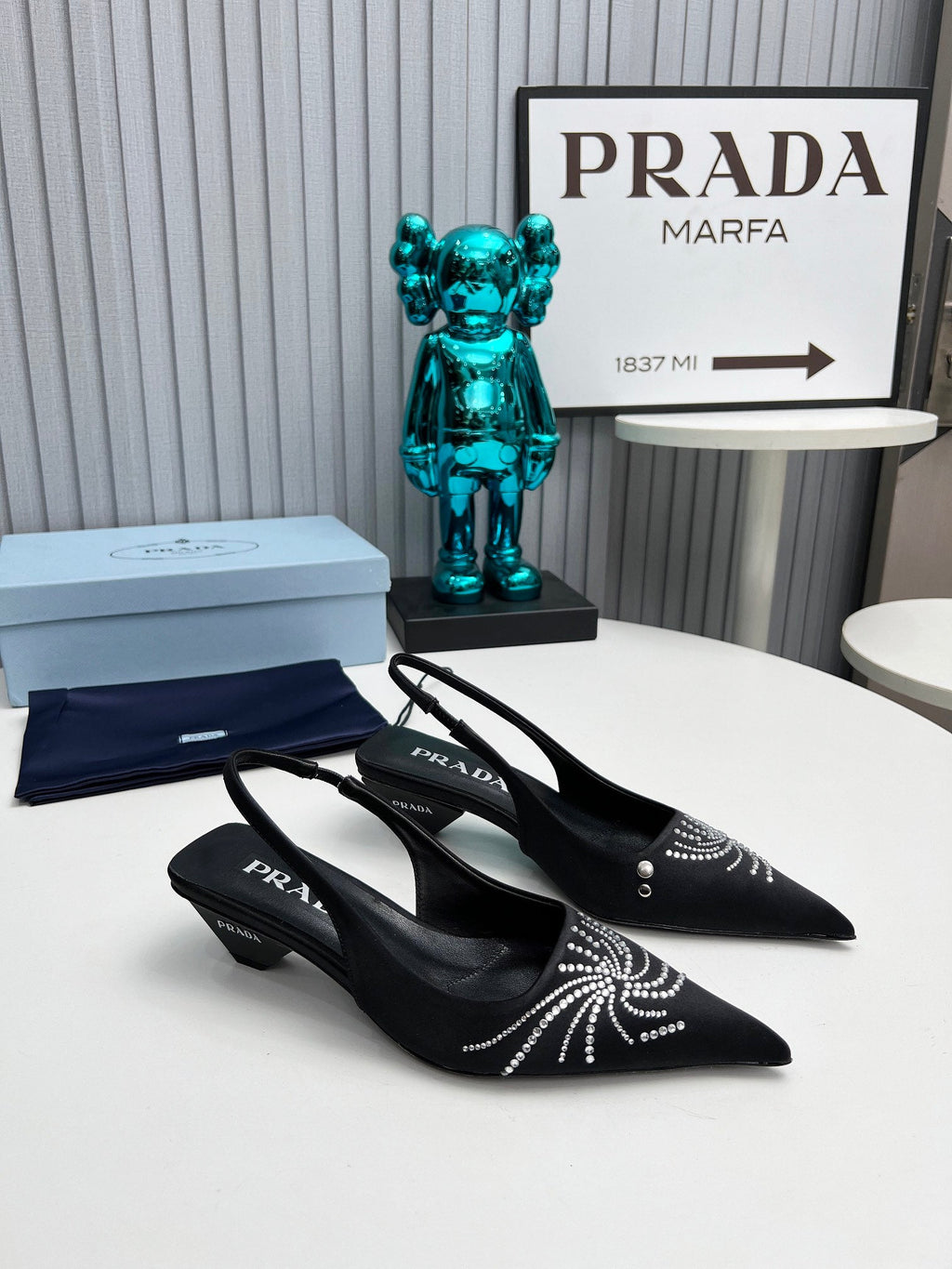 PRADA 26S POINTED TOE SLINGBACK 40MM IN BLACK SATIN CRYSTAL EMBELLISHED