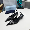 PRADA 26S POINTED TOE SLINGBACK 40MM IN BLACK SATIN CRYSTAL EMBELLISHED