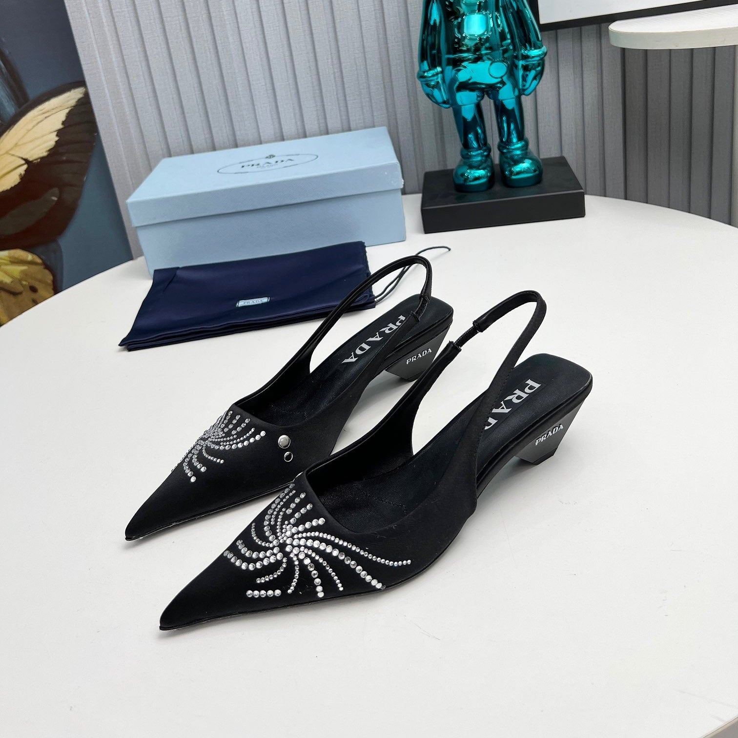 PRADA 26S POINTED TOE SLINGBACK 40MM IN BLACK SATIN CRYSTAL EMBELLISHED