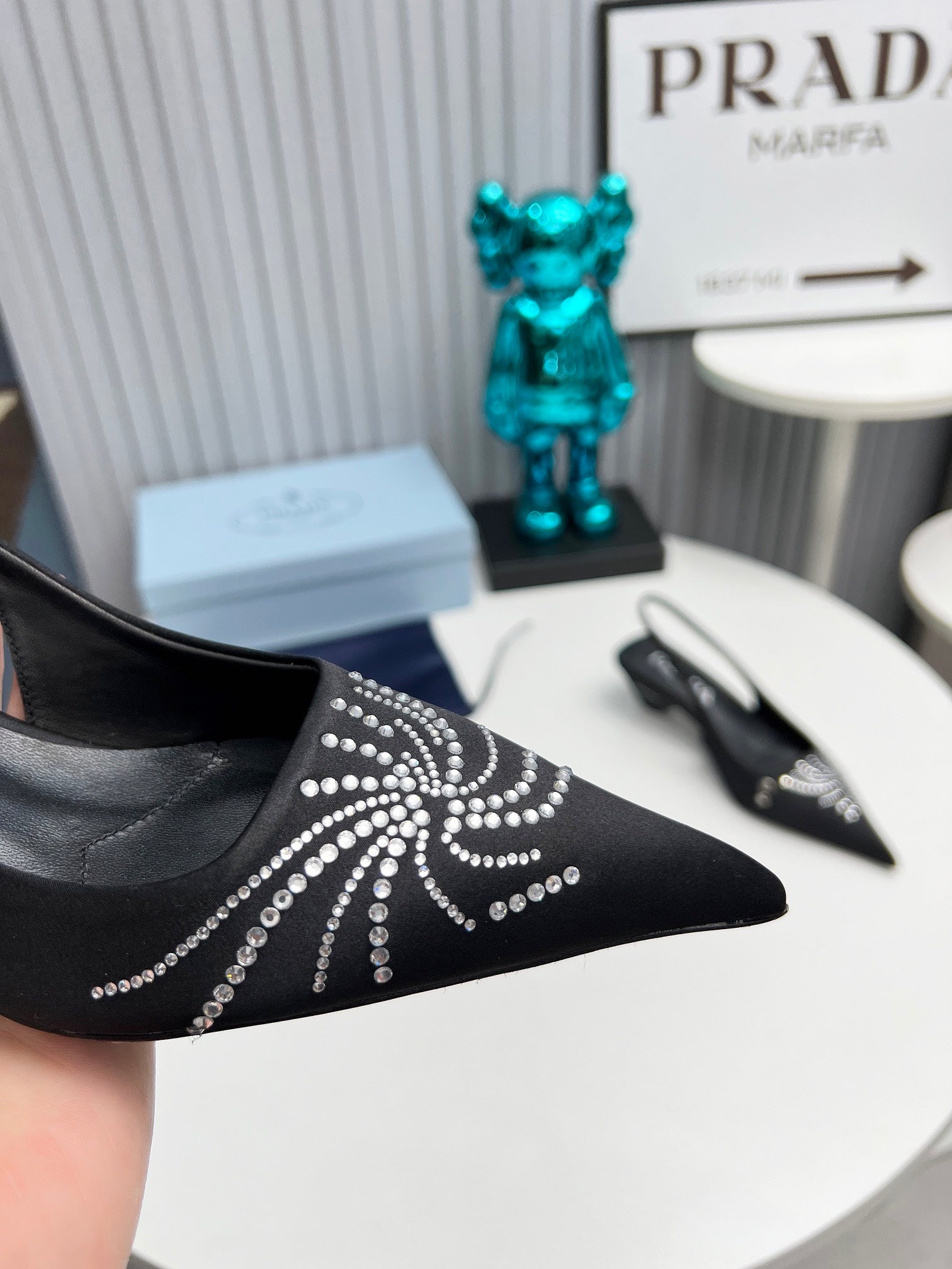 PRADA 26S POINTED TOE SLINGBACK 40MM IN BLACK SATIN CRYSTAL EMBELLISHED