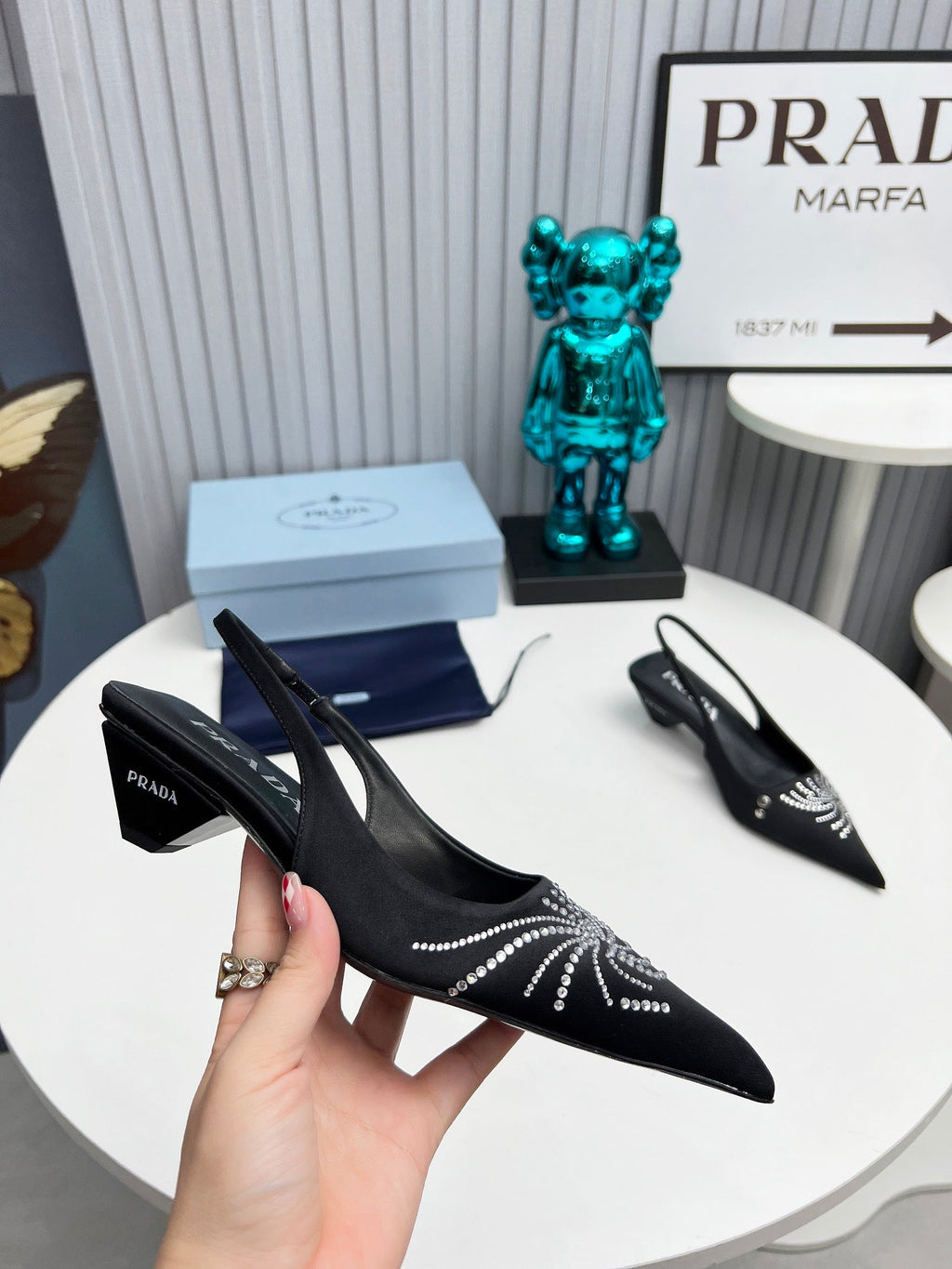 PRADA 26S POINTED TOE SLINGBACK 40MM IN BLACK SATIN CRYSTAL EMBELLISHED