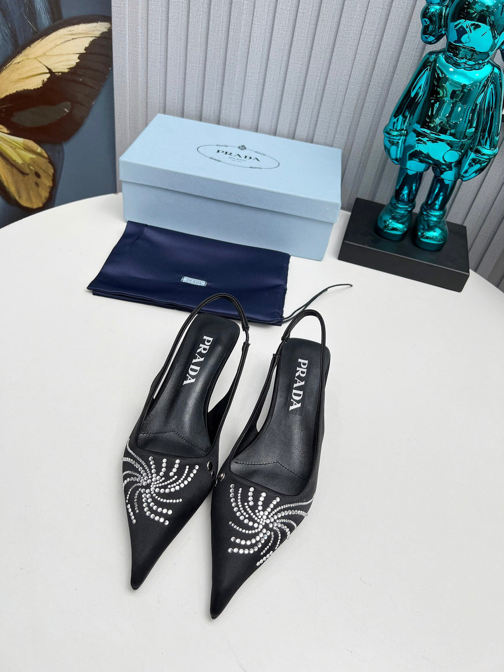 PRADA 26S POINTED TOE SLINGBACK 40MM IN BLACK SATIN CRYSTAL EMBELLISHED