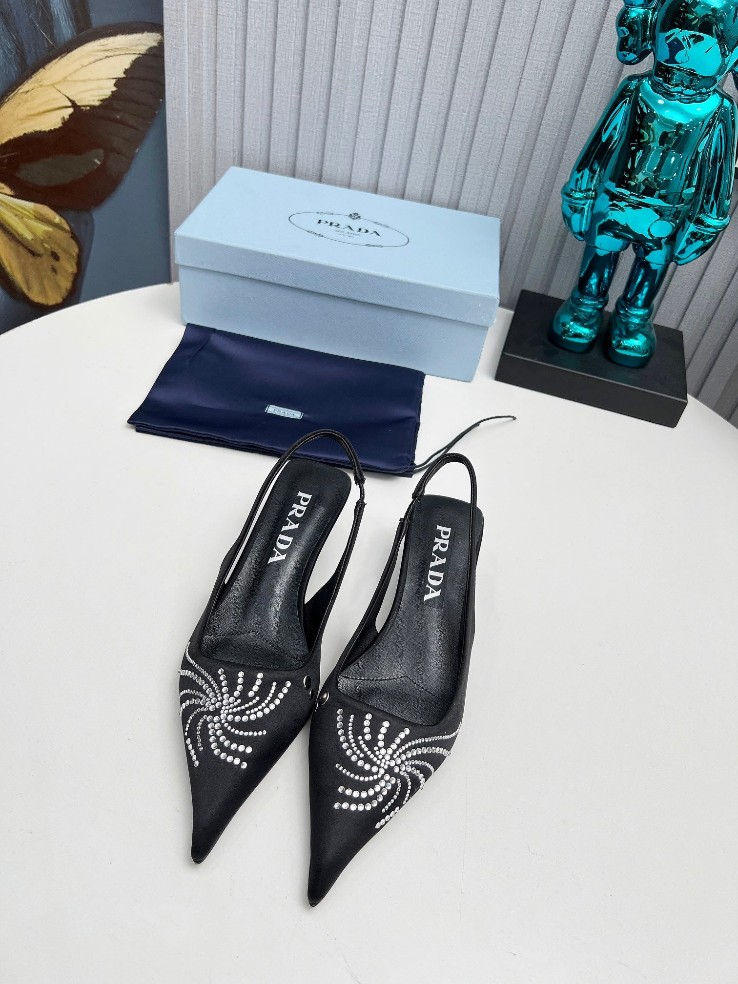 PRADA 26S POINTED TOE SLINGBACK 40MM IN BLACK SATIN CRYSTAL EMBELLISHED