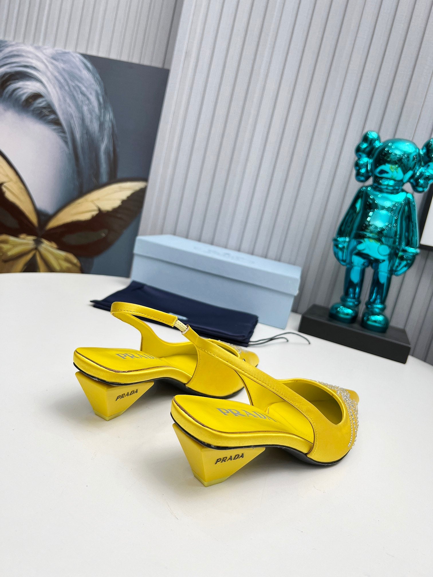 PRADA 26S POINTED TOE SLINGBACK 40MM IN YELLOW SATIN CRYSTAL EMBELLISHED