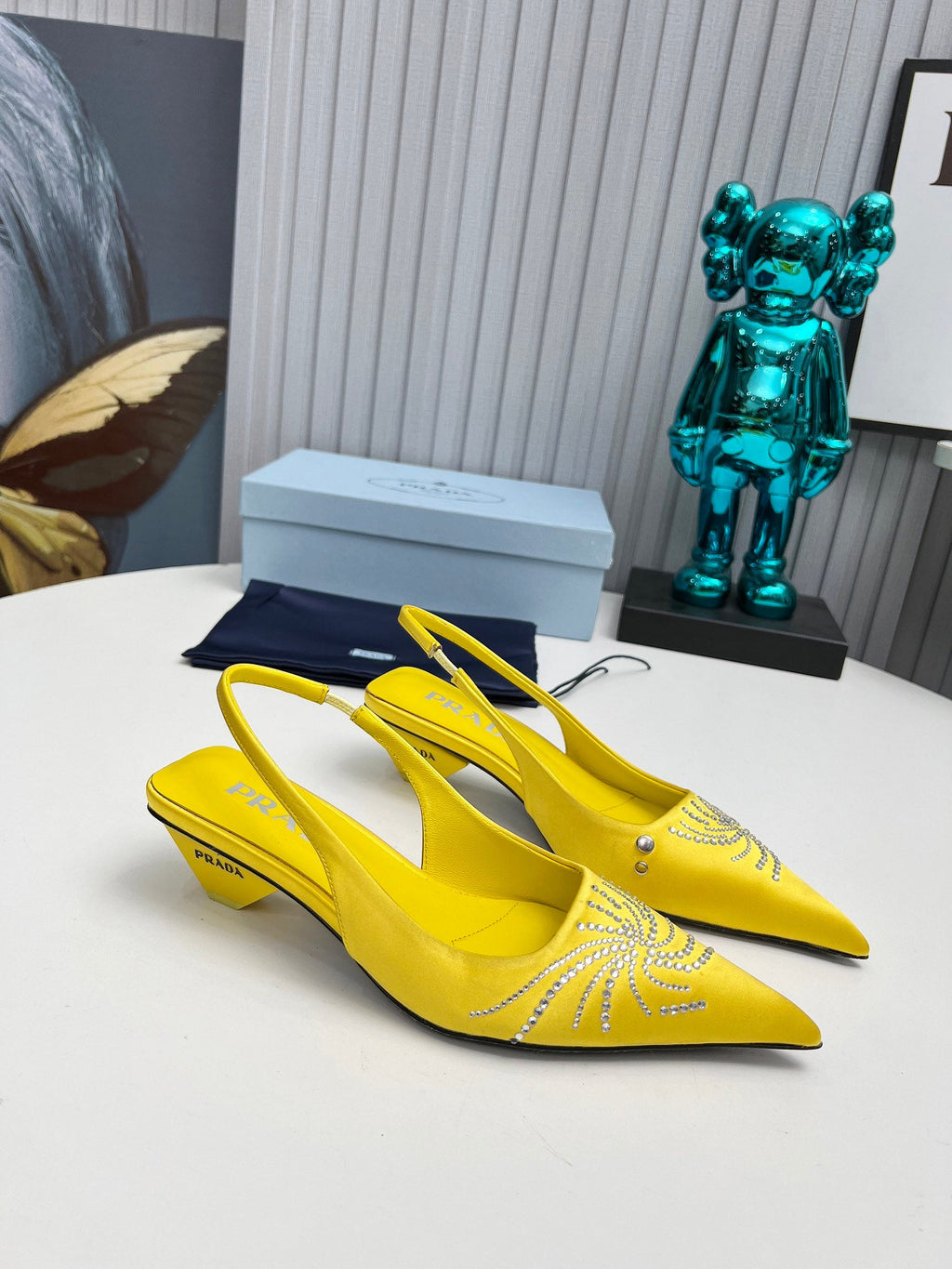 PRADA 26S POINTED TOE SLINGBACK 40MM IN YELLOW SATIN CRYSTAL EMBELLISHED