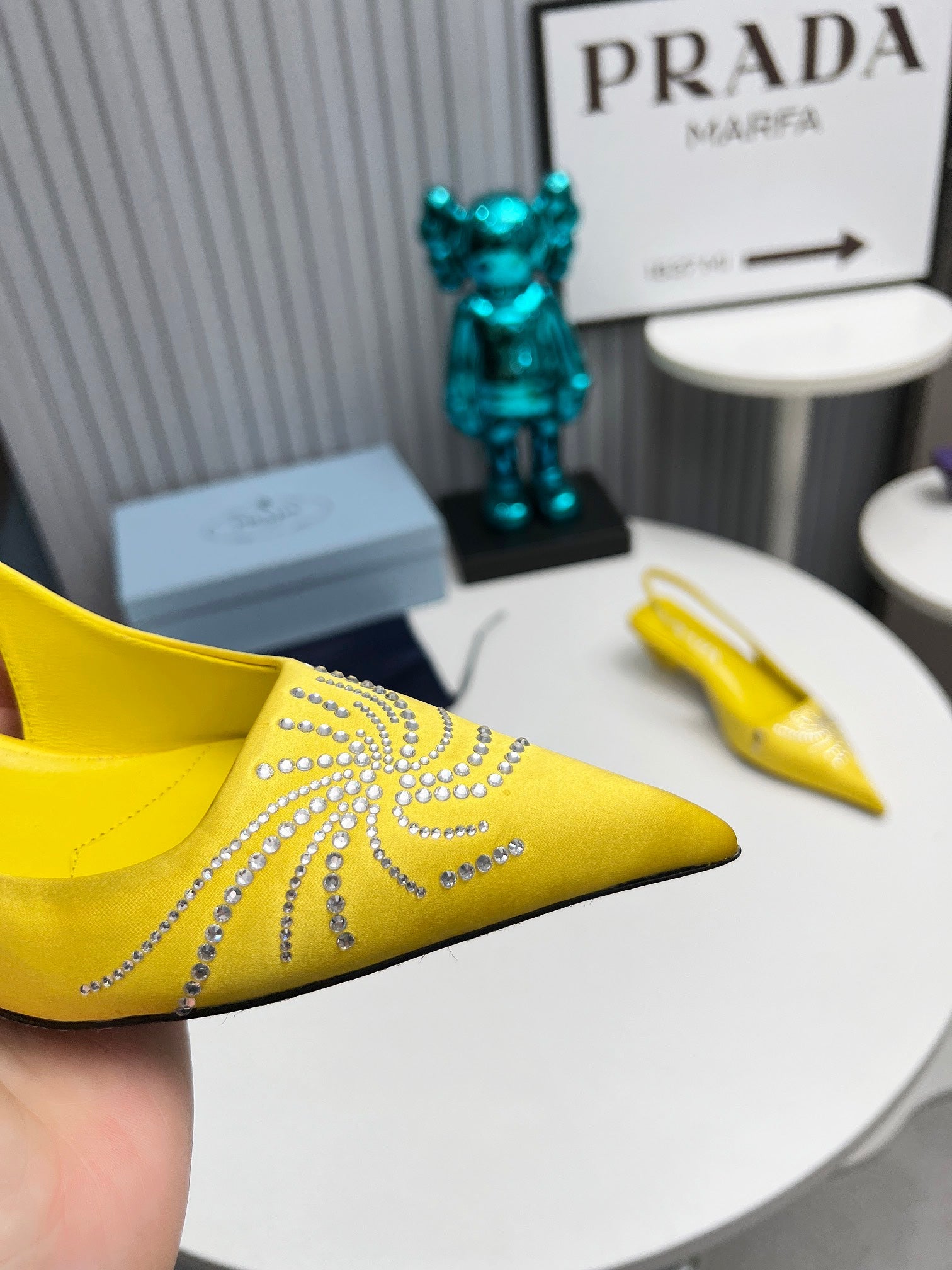 PRADA 26S POINTED TOE SLINGBACK 40MM IN YELLOW SATIN CRYSTAL EMBELLISHED