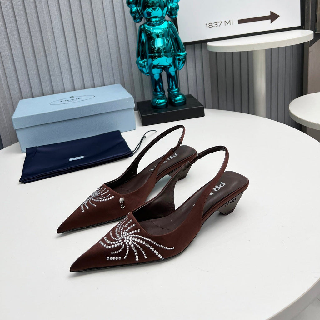 PRADA 26S POINTED TOE SLINGBACK 40MM IN DARK BROWN SATIN CRYSTAL EMBELLISHED