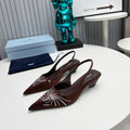 PRADA 26S POINTED TOE SLINGBACK 40MM IN DARK BROWN SATIN CRYSTAL EMBELLISHED